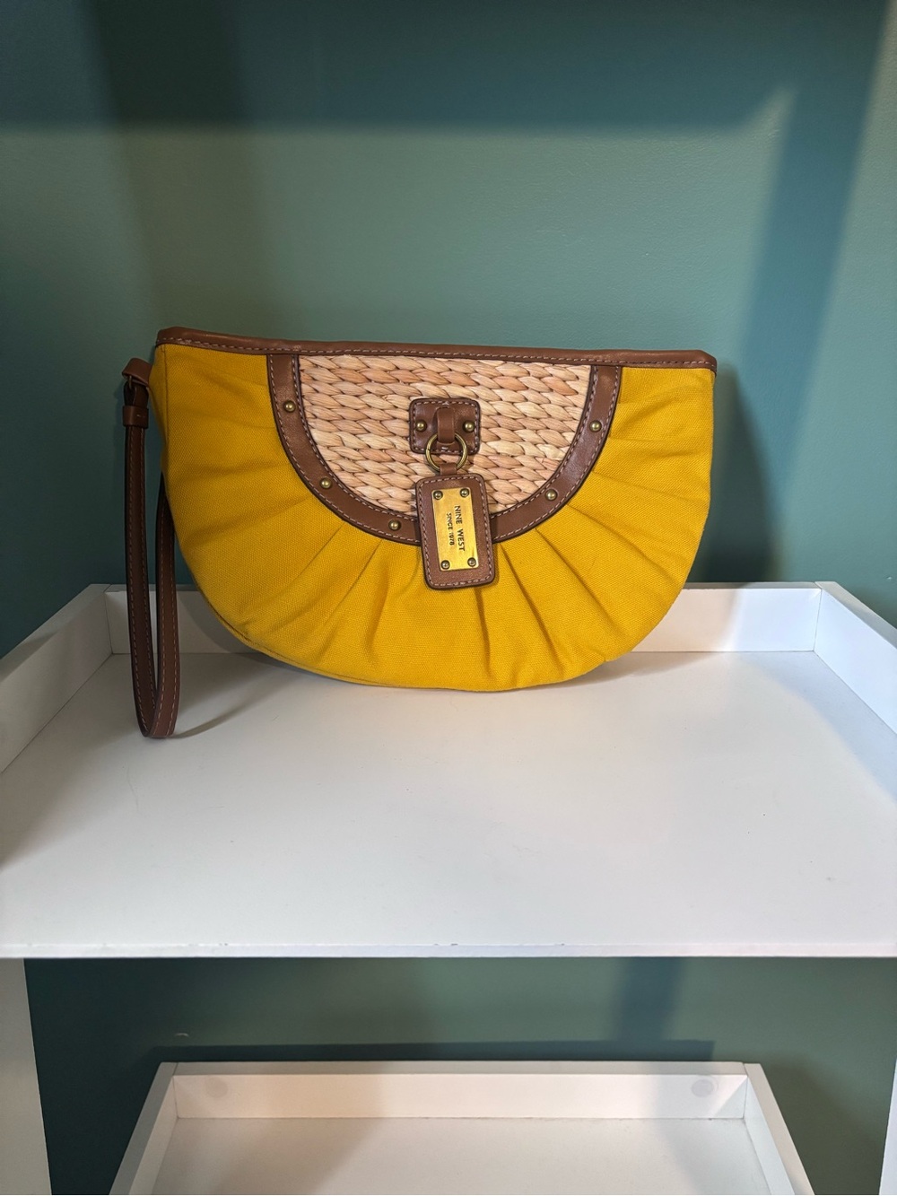 Nine West Yellow Wristlet Clutch with Brown Trim and Woven Accent
